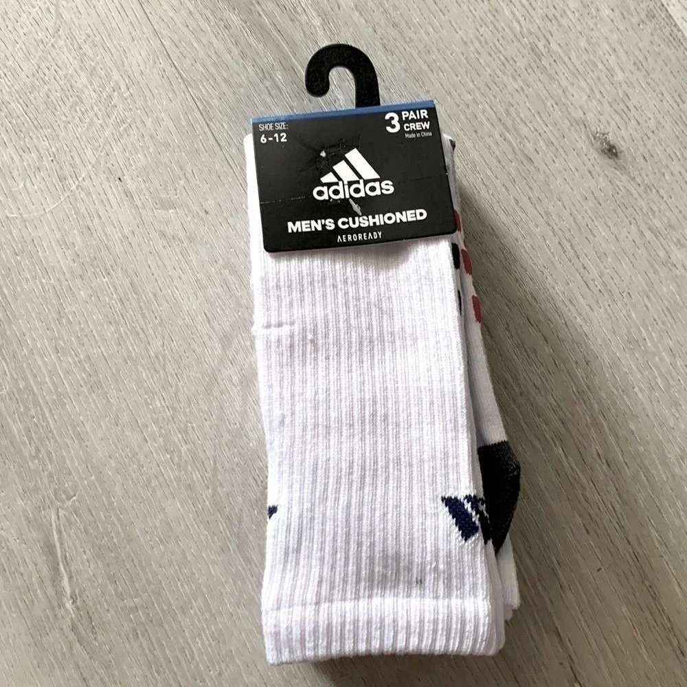 Adidas Mens Cushioned Crew Socks 3 Pair Pack Aeroready White Stripe Size 6-12